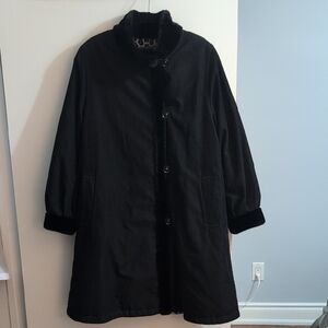 Women's Black Fur-Trimmed Coat, Reversible With Pattern